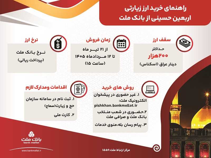 فروش ارز اربعین به صورت حضوری و غیرحضوری در بانك ملت/ اینفوگرافی – پارسیان